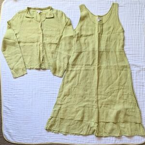 Anthropologie Sparrow 2 Piece Set Linen Shirt Tiered Midi Dress Women Sz 2 Green